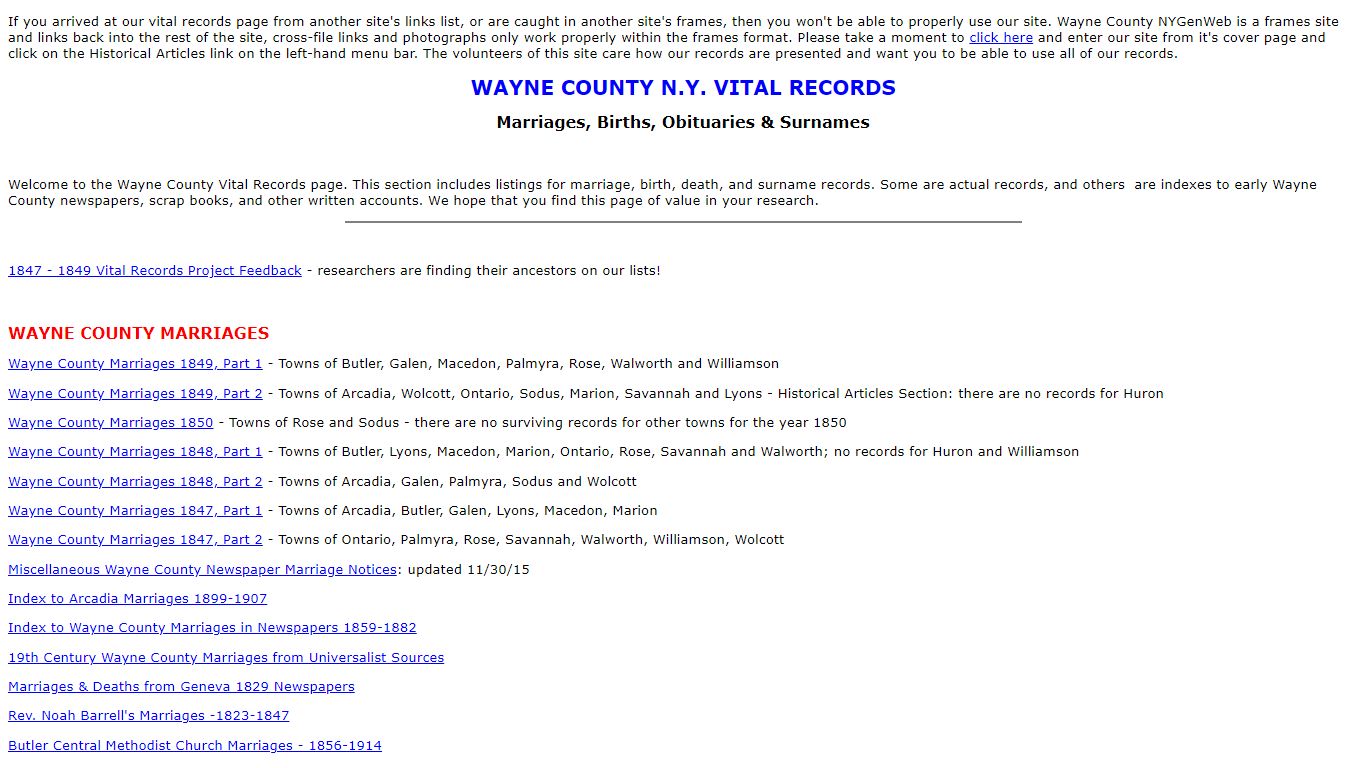 Wayne County NY Vital Records Index Page